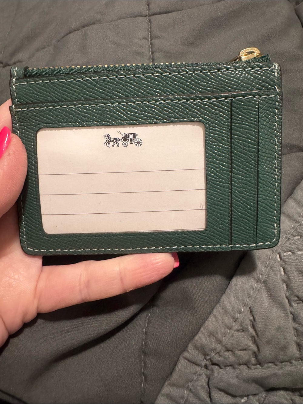Coach Green Pebbled Leather Zip ID Card Case with Gold Hardware - Picture 2 of 3
